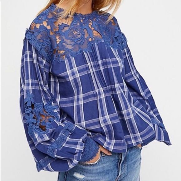 Free People Tops - Free People plaid Darling Diana lace Top